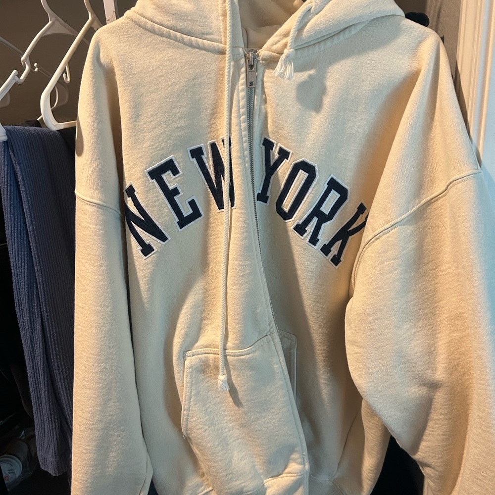 Brandy Melville Cream Zip-Up Hoodie with New York Print